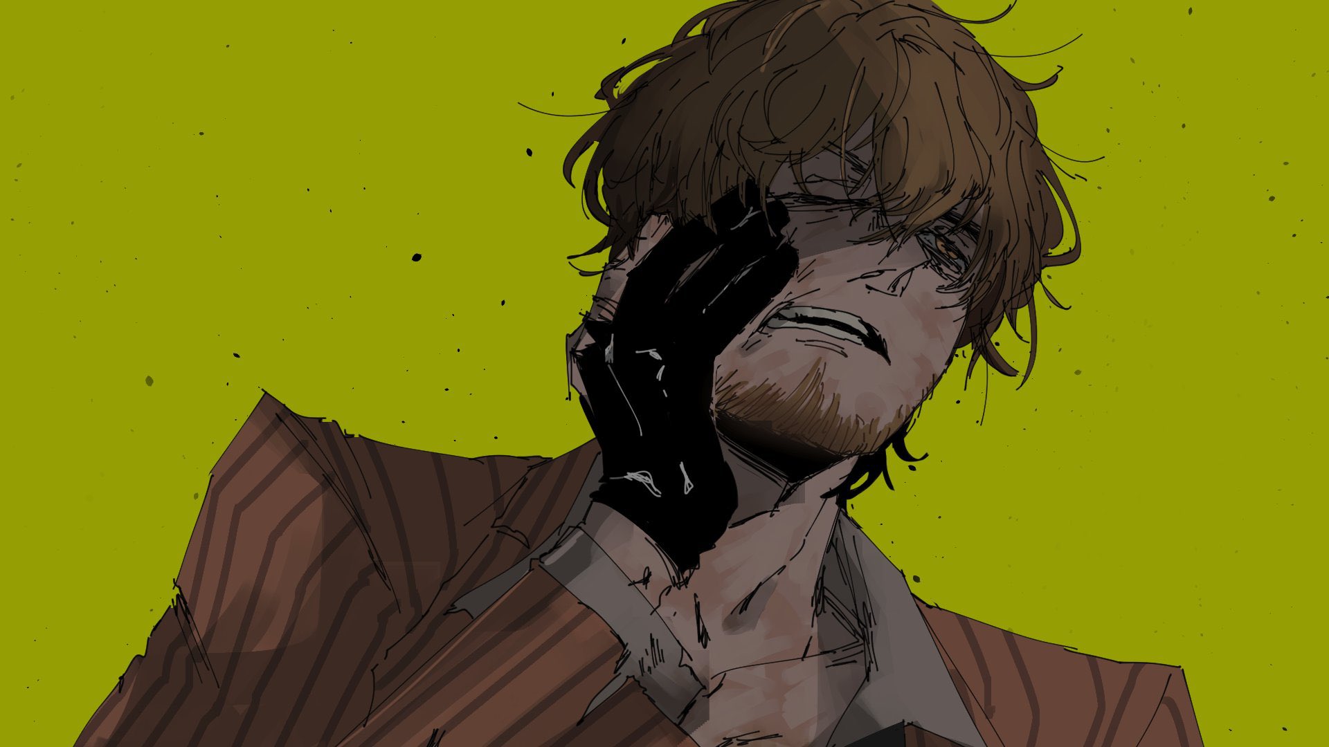 unower s, limbus company, project moon, commentary, highres, 1boy, beard, black gloves, brown hair, brown jacket, brown suit, bruise, bruise on face, bruise on neck, collared shirt, facial hair, formal clothes, from below, gloves, glowing, glowing eyes, hair between eyes, hand on own face, hindley (project moon), injury, jacket, male focus, messy hair, one eye closed, open mouth, romaji commentary, shirt, short hair, solo, striped clothes, suit, suit jacket, teeth, torn clothes, torn gloves, white shirt, yellow background