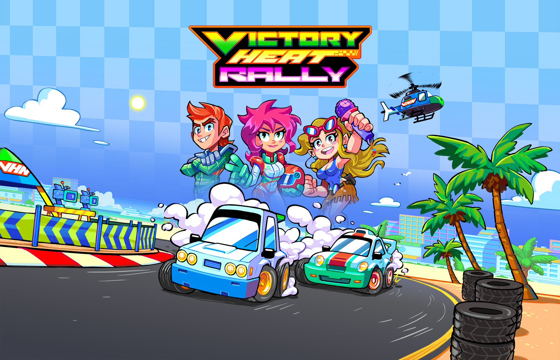 eliz0r, krissi (victory heat rally), victory heat rally, highres, non-web source, official art, 1boy, 2girls, aircraft, beach, belt, bird, black belt, blonde hair, blue eyes, blue shirt, blue sky, breasts, brown skirt, building, car, cloud, clyde (victory heat rally), copyright name, crossed arms, drifting, earrings, eyewear on head, gloves, green eyes, green gloves, green racing suit, helicopter, helmet, holding, holding microphone, holding unworn helmet, jewelry, large breasts, leather, leather skirt, long hair, long sleeves, looking at viewer, microphone, motor vehicle, multicolored racing suit, multiple girls, open mouth, orange hair, palm tree, pink hair, race flag, race vehicle, racecar, racing suit, rally car, sally mcrally, seagull, ship, shirt, skirt, sky, sun, sunglasses, teeth, tree, tv camera, unused tire, unworn headwear, unworn helmet, upper body, upper teeth only, video camera, watercraft, wavy hair, white racing suit