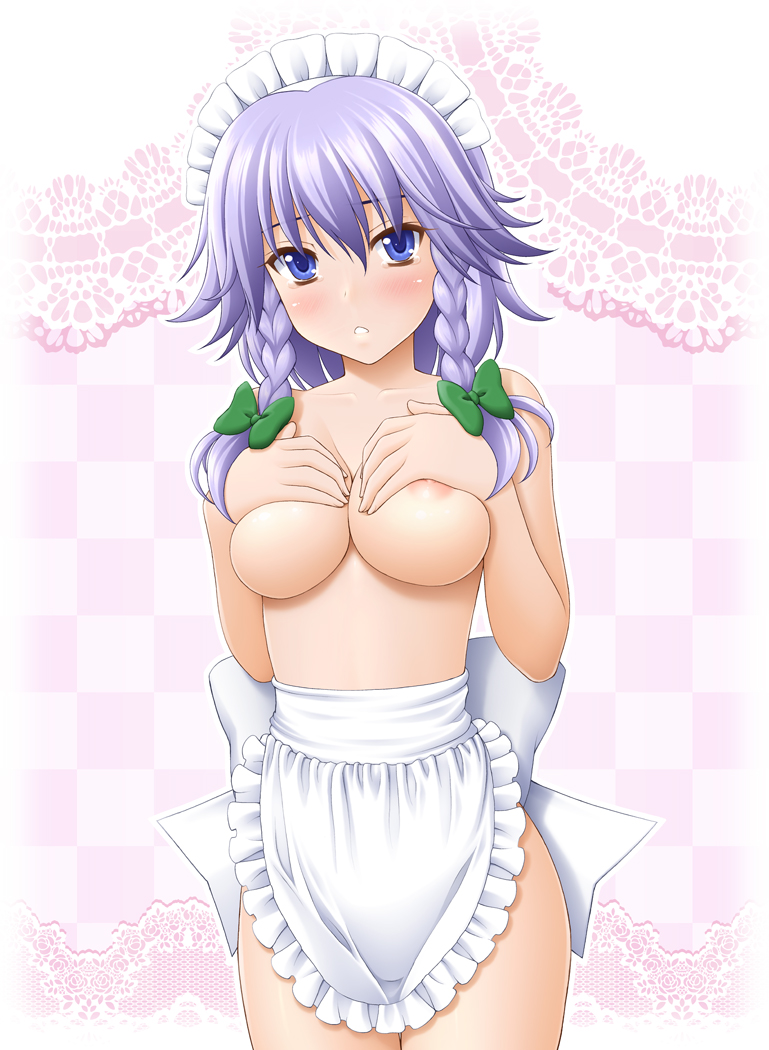 sin-go, izayoi sakuya, touhou, silver hair, 1girl, apron, blue eyes, blush, braid, breasts, covering breasts, covering privates, eyebrows hidden by hair, female focus, maid headdress, naked apron, nipples, short hair, side braid, solo, twin braids