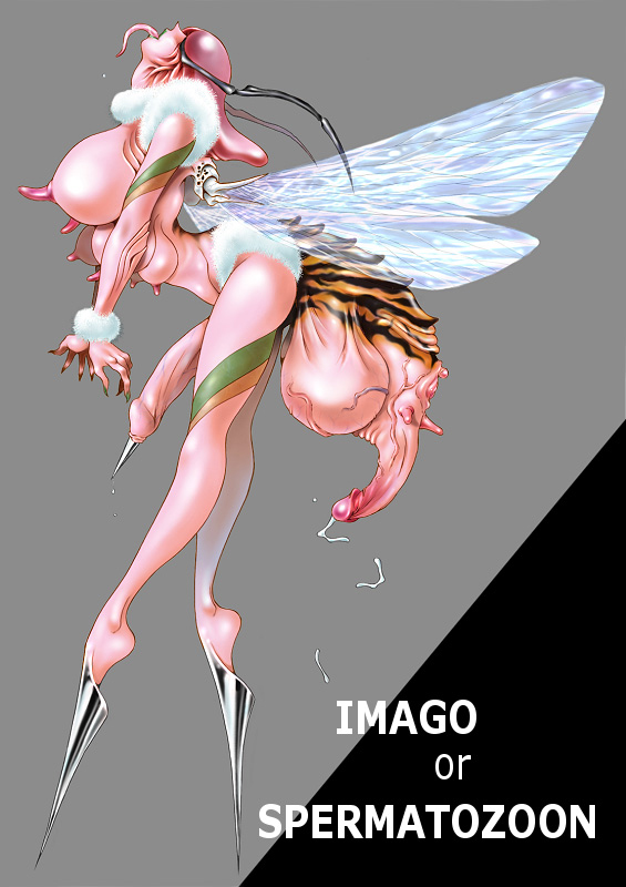 dusty heaven, jinjin, 1futa, arthropod girl, breasts, covered erect nipples, erection, extra breasts, extra penises, futanari, huge penis, huge testicles, large breasts, monster girl, object insertion, penis, solo, sounding, testicles, tongue, urethral insertion, what, wings