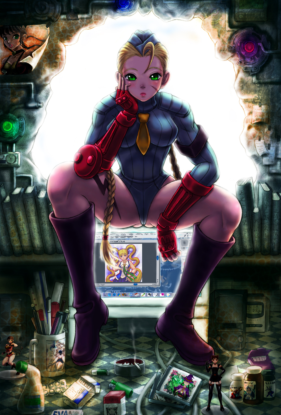 boken fantasy, cammy white, capcom, street fighter, highres, 1girl, ahoge, antenna hair, blonde hair, blue leotard, boots, female focus, garrison cap, green eyes, hat, leotard, sleeved leotard, solo, twintails