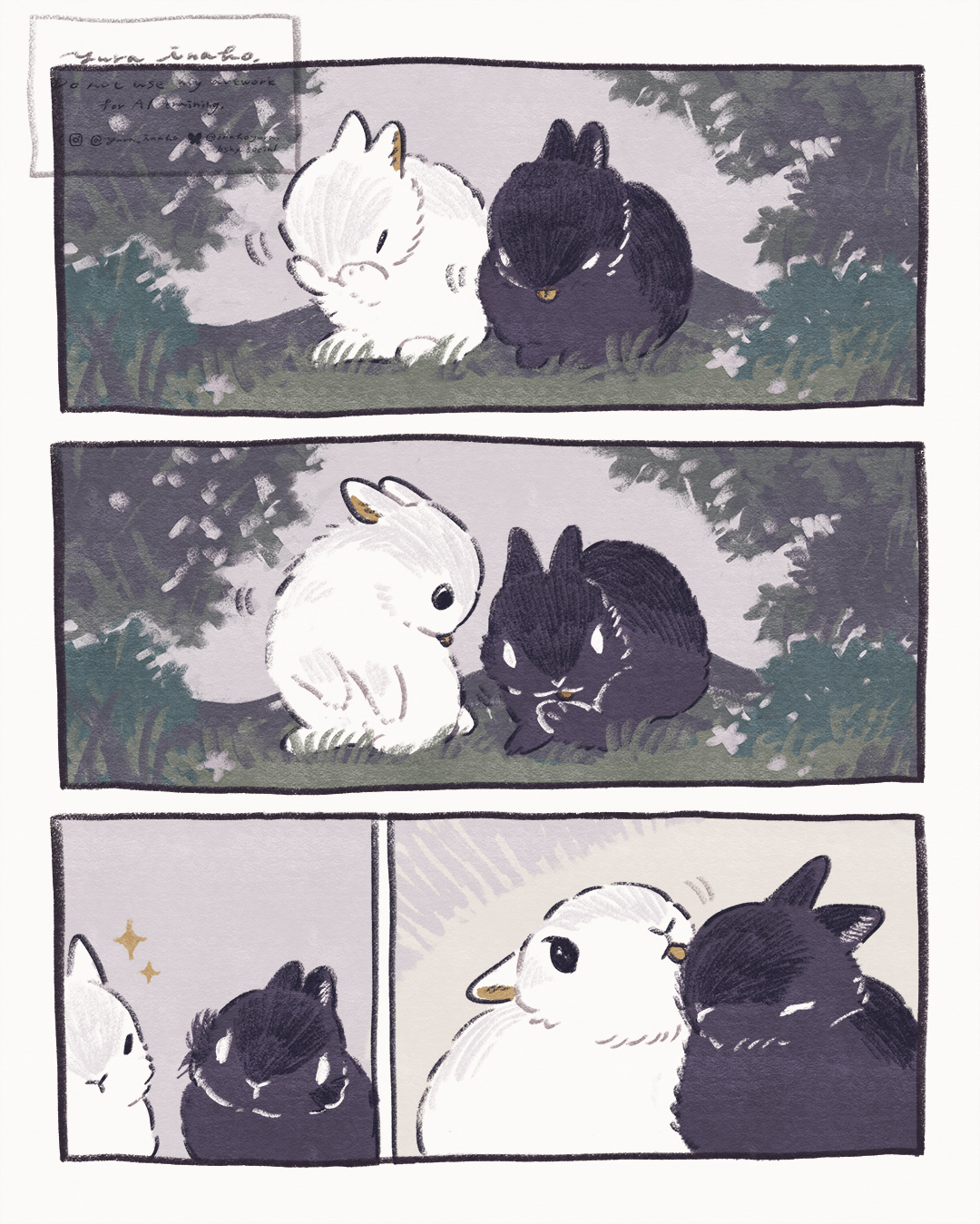 yurano (upao), original, commentary request, highres, animal, animal focus, black rabbit (animal), grass, licking, no humans, rabbit, sparkle, white rabbit (animal)