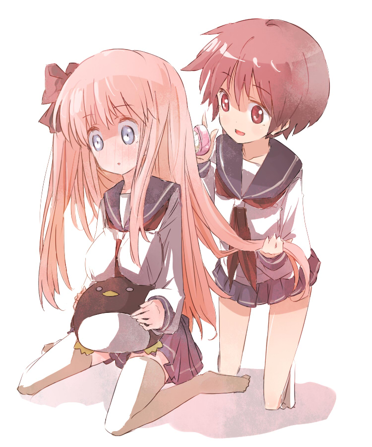 maromi (am97), etopen, haramura nodoka, miyanaga saki, saki (manga), bad id, bad pixiv id, bird, blue eyes, blush, brown eyes, brown hair, brushing hair, hair brush, penguin, pink hair, school uniform, serafuku, short hair, skirt, stuffed animal, stuffed toy, thighhighs, zettai ryouiki