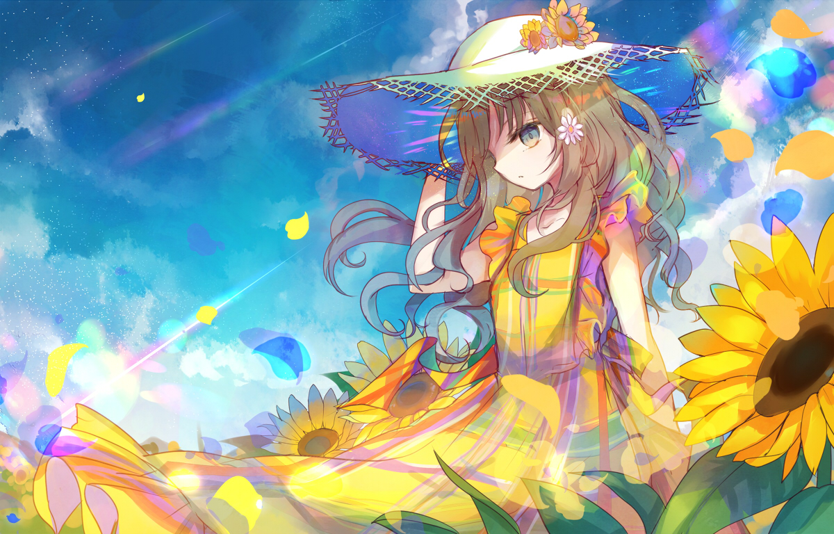 kazu (muchuukai), original, commentary request, 1girl, blonde hair, blue eyes, brown hair, closed mouth, cloud, dress, field, flower, flower field, flower on head, hand on own head, hat, looking to the side, outdoors, petals, plaid clothes, plaid dress, sky, solo, standing, straw hat, sunflower, sunflower field, sunlight, wind, yellow dress