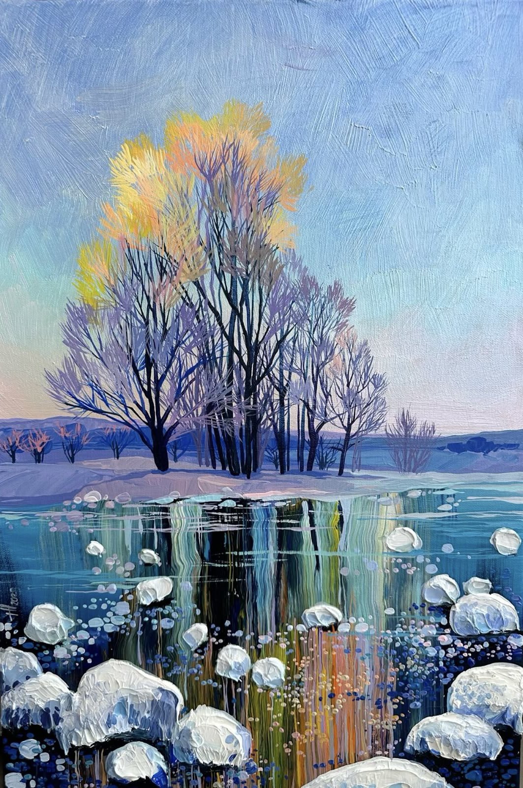 original, acrylic paint (medium), commentary, english commentary, highres, painting (medium), traditional media, anastasia trusova, blue sky, morning, no humans, outdoors, river, scenery, sky, tree