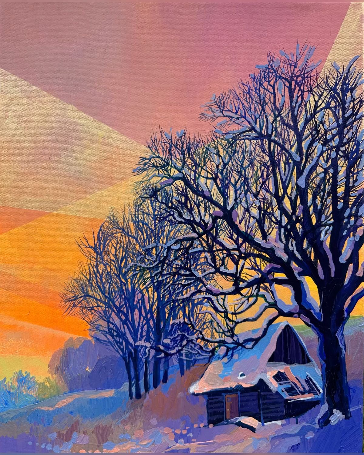 original, acrylic paint (medium), commentary, english commentary, highres, painting (medium), traditional media, anastasia trusova, bare tree, building, evening, gradient sky, log cabin, no humans, orange sky, outdoors, pink sky, scenery, sky, snow, tree, winter