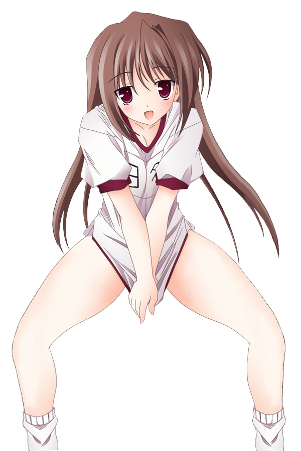 hina asuka, memories off, memories off#5, artist request, 1girl, blush, bottomless, brown eyes, brown hair, clothes pull, female focus, gym uniform, long hair, panties, shirt pull, shirt tug, solo, underwear