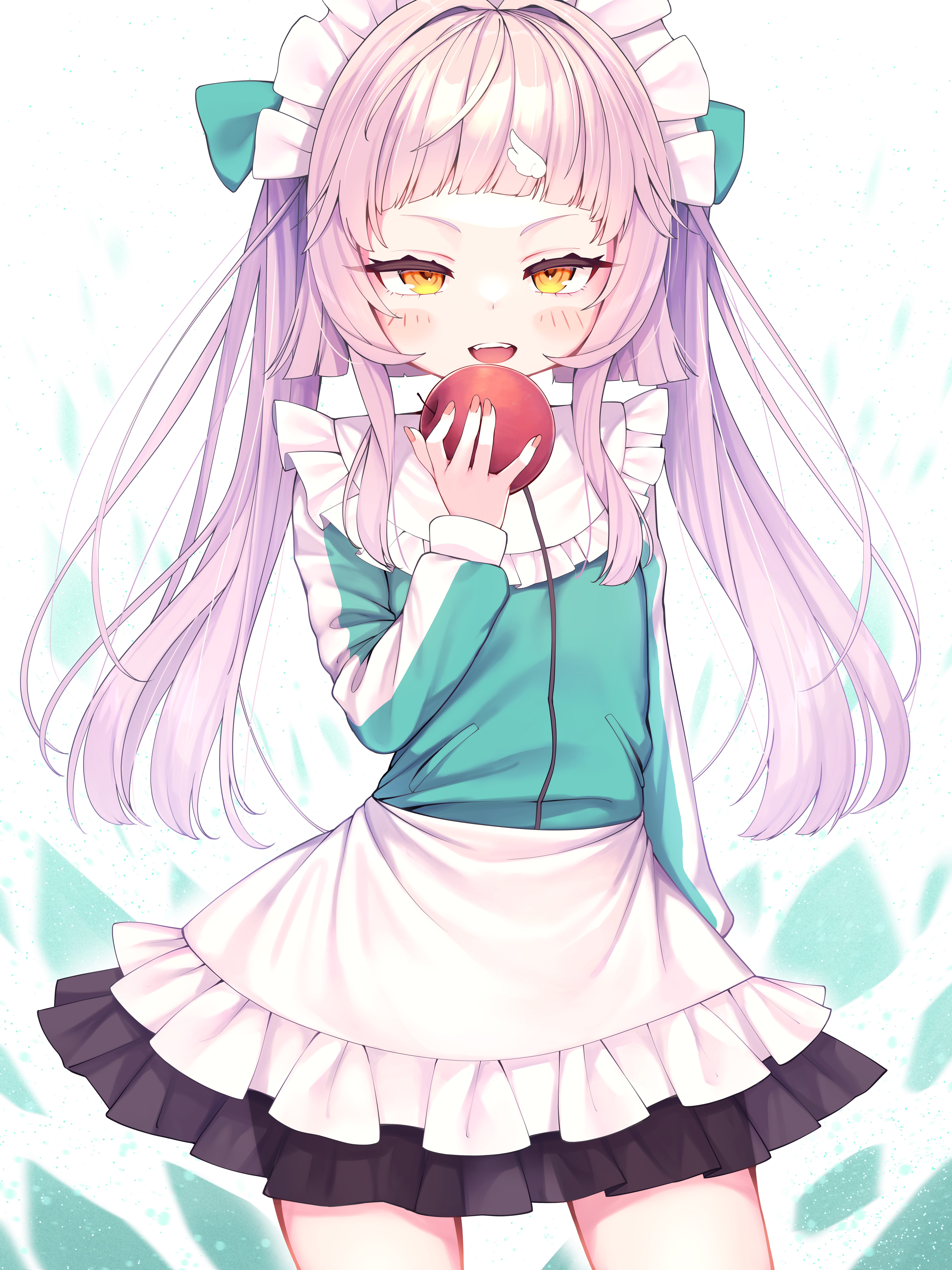 kage (ka 9e 4su), murasaki shion, hololive, tensei ringo (vocaloid), absurdres, commentary, highres, 1girl, alternate costume, alternate hairstyle, apple, apron, bib collar, black skirt, blunt bangs, blush, cowboy shot, detached collar, enmaided, fangs, food, frilled apron, frilled skirt, frills, fruit, grey hair, grey jacket, half-closed eyes, holding, holding food, holding fruit, jacket, jersey maid, long hair, long sidelocks, long sleeves, looking at viewer, maid, maid headdress, miniskirt, open mouth, ringed eyes, short eyebrows, sidelocks, skirt, solo, track jacket, twintails, unconventional maid, v-shaped eyebrows, virtual youtuber, white apron, yellow eyes, zipper