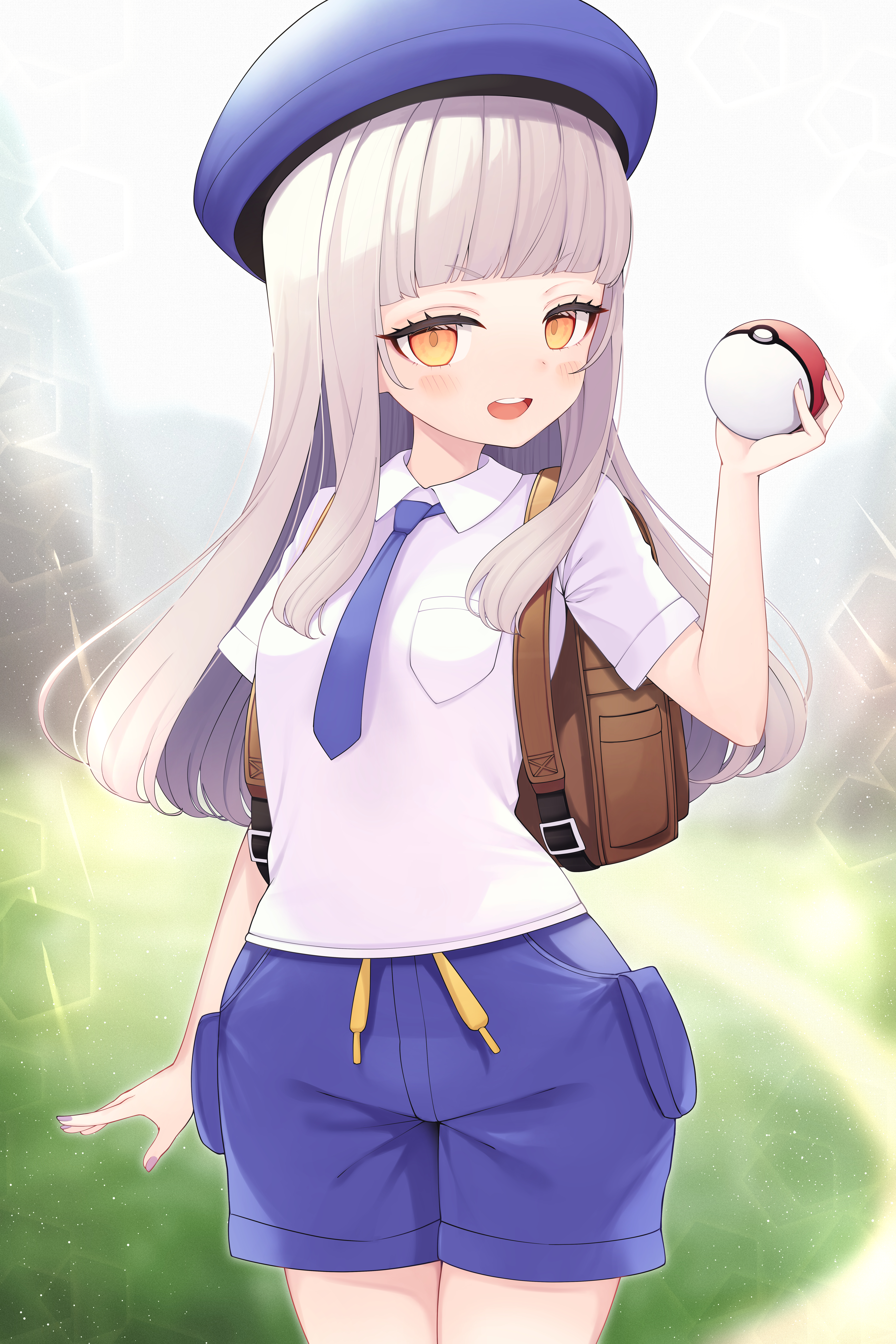 kage (ka 9e 4su), murasaki shion, hololive, nintendo, pokemon, pokemon sv, absurdres, commentary, highres, 1girl, backpack, bag, beret, black necktie, blue hat, blue shorts, blueberry academy school uniform, blurry, blurry background, blush, breast pocket, brown bag, cowboy shot, depth of field, detached collar, drawstring, grey hair, hat, holding, holding poke ball, long hair, long sidelocks, looking at viewer, narrow waist, necktie, open mouth, outdoors, pocket, poke ball, poke ball (basic), school uniform, shirt, short eyebrows, short sleeves, shorts, sidelocks, solo, sparkle, uva academy school uniform, v-shaped eyebrows, virtual youtuber, white shirt, wide hips, yellow eyes