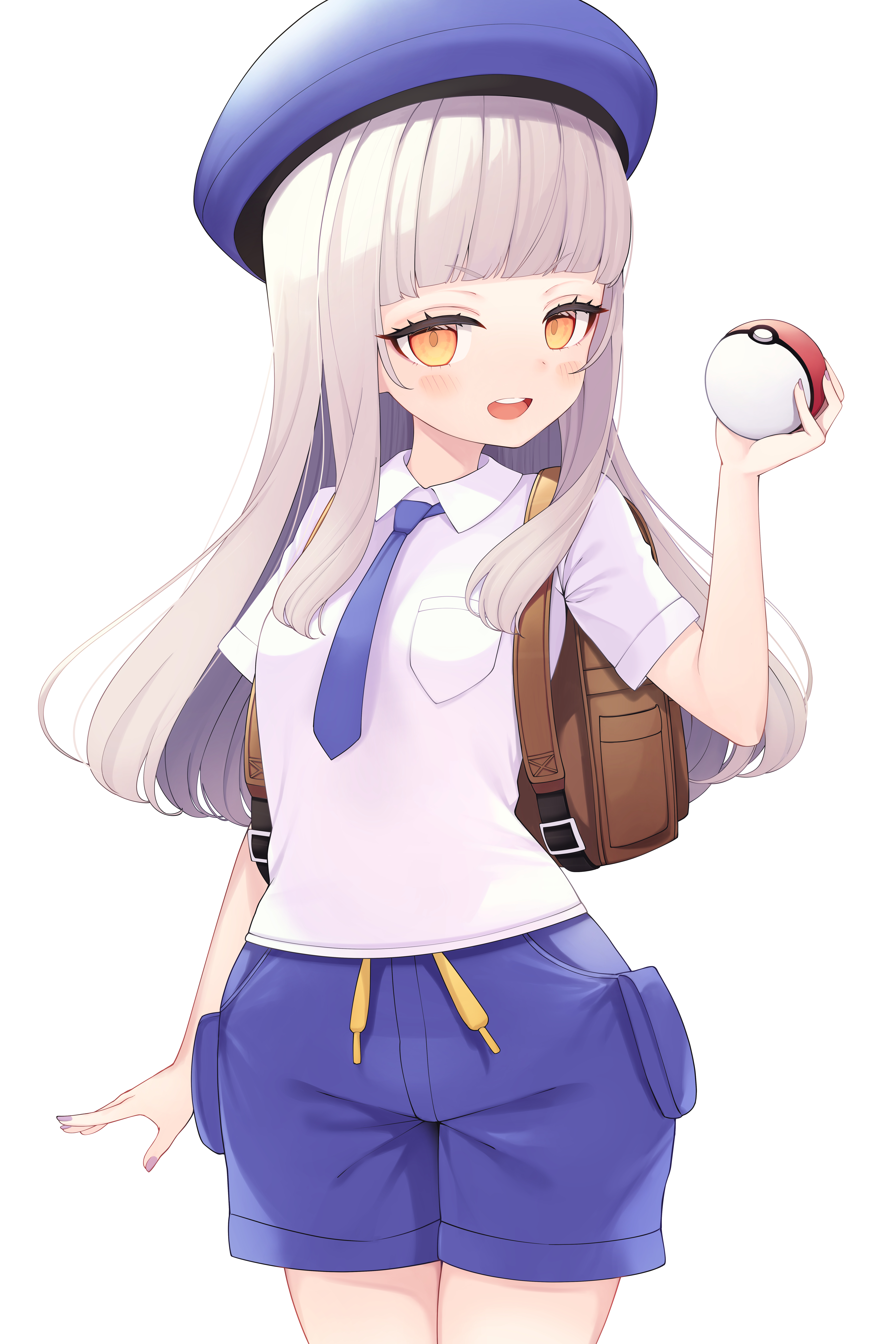 kage (ka 9e 4su), murasaki shion, hololive, nintendo, pokemon, pokemon sv, absurdres, commentary, highres, 1girl, backpack, bag, beret, black necktie, blue hat, blue shorts, blueberry academy school uniform, blush, breast pocket, brown bag, cowboy shot, detached collar, drawstring, grey hair, hat, holding, holding poke ball, long hair, long sidelocks, looking at viewer, narrow waist, necktie, open mouth, pocket, poke ball, poke ball (basic), school uniform, shirt, short eyebrows, short sleeves, shorts, sidelocks, simple background, solo, uva academy school uniform, v-shaped eyebrows, virtual youtuber, white background, white shirt, wide hips, yellow eyes