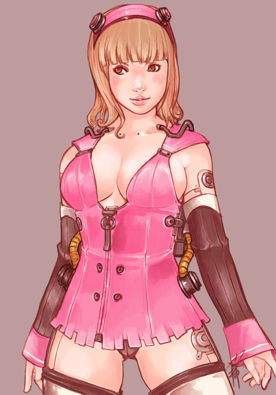 kusagami style, original, bad id, bad pixiv id, 1girl, bottomless, breasts, brown eyes, brown hair, cleavage, detached sleeves, female focus, large breasts, no bra, simple background, solo, thighhighs