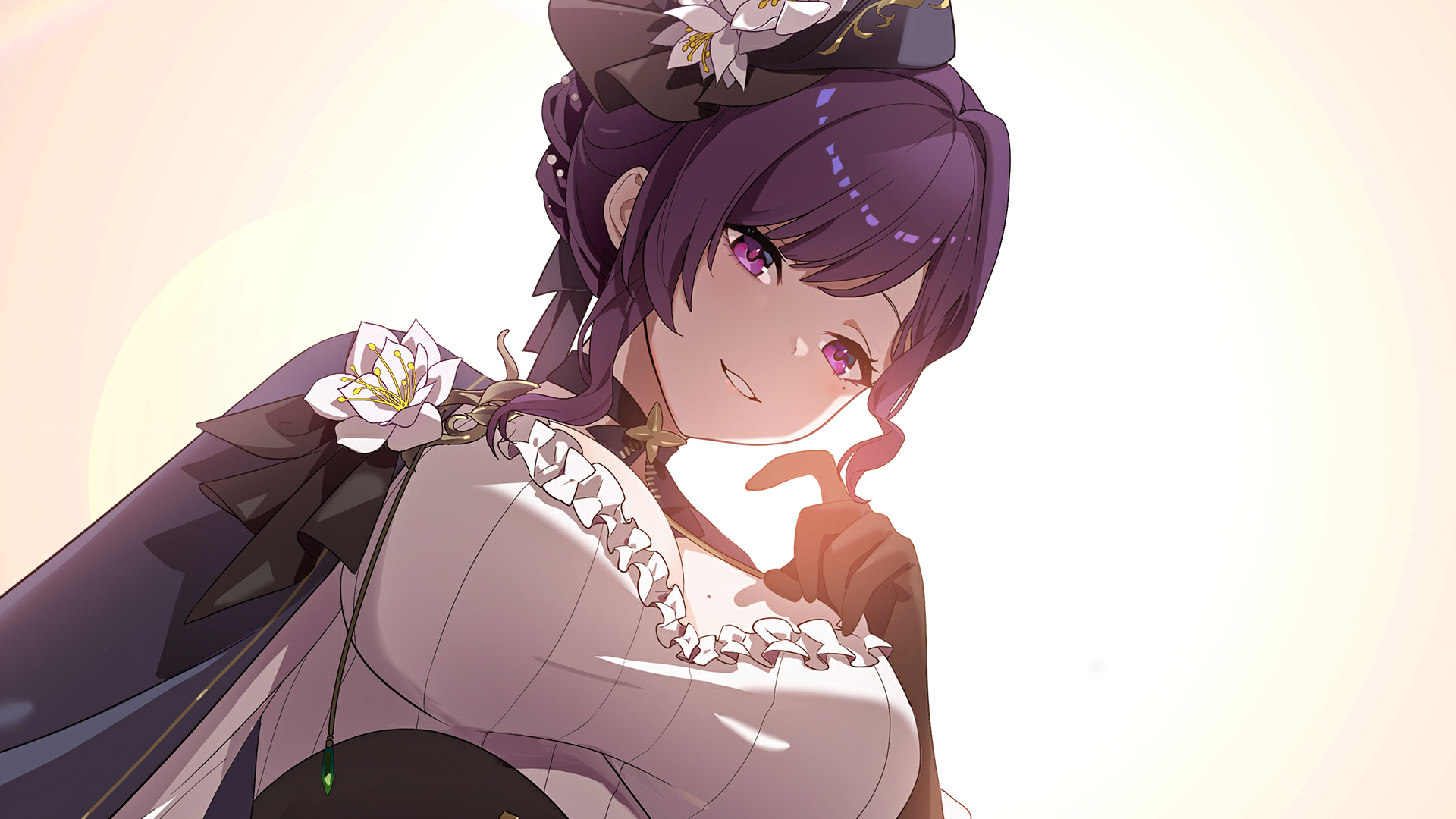 lotus, riichi city, game cg, highres, non-web source, official art, 1girl, black gloves, breasts, cleavage, corsage, elbow gloves, flower, from below, gloves, hat, large breasts, looking at viewer, mole, mole on breast, mole under eye, pov, purple eyes, purple hair, seraphina (riichi city), shawl, solo