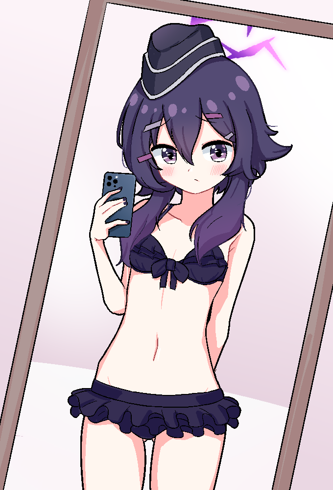 chibikki, haruka (blue archive), blue archive, bad id, bad twitter id, commentary, symbol-only commentary, 1girl, bare shoulders, bikini, black bikini, black nails, blush, breasts, cellphone, closed mouth, collarbone, cowboy shot, dot mouth, dot nose, frilled bikini, frills, front-tie bikini top, front-tie top, garrison cap, hair between eyes, hair ornament, hairclip, halo, hat, holding, holding phone, indoors, looking at viewer, medium hair, mirror, mirror selfie, nail polish, navel, phone, pixel art, pov, purple eyes, purple hair, reflection, reflection focus, selfie, small breasts, smartphone, solo, swimsuit, taking picture