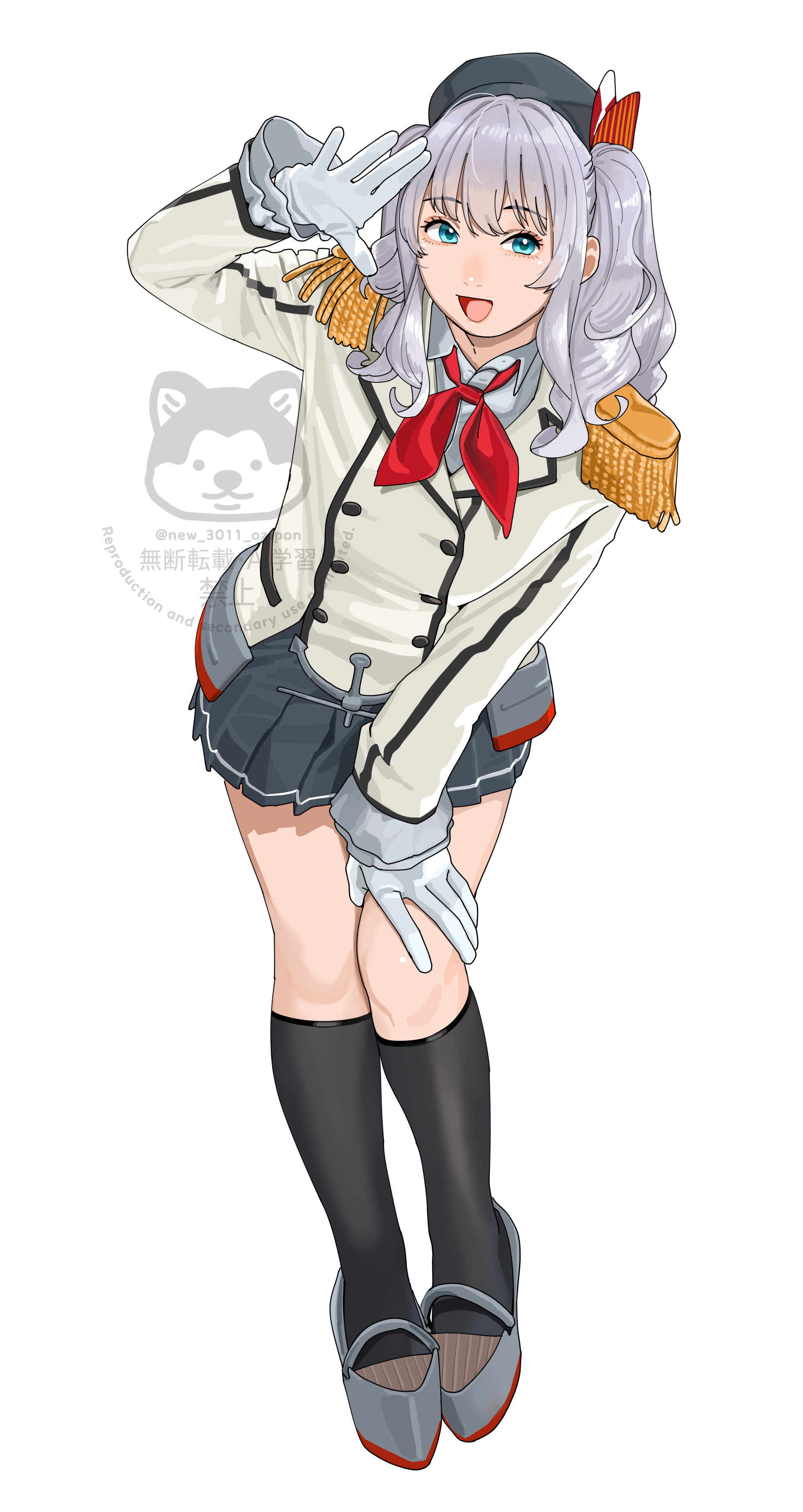 ojipon, kashima (kancolle), kantai collection, absurdres, highres, 1girl, beret, black skirt, black socks, blue eyes, epaulettes, full body, gloves, hand on own knee, hat, jacket, kneehighs, long sleeves, looking at viewer, military, military uniform, miniskirt, open mouth, pleated skirt, simple background, skirt, socks, solo, standing, twintails, twitter username, watermark, wavy hair
