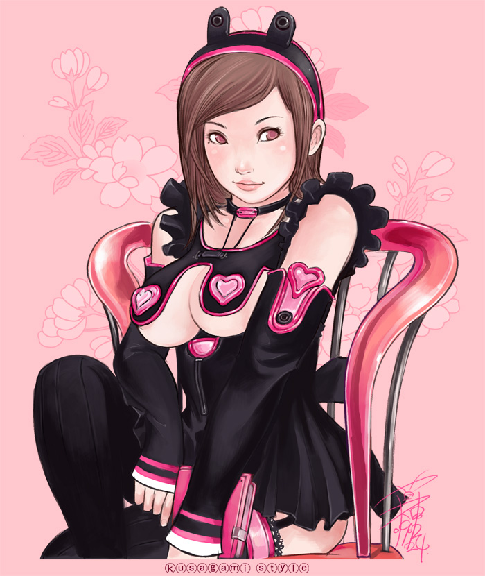 kusagami style, original, bad id, bad pixiv id, 1girl, breasts, brown eyes, brown hair, detached sleeves, dress, female focus, garter straps, large breasts, no bra, revealing clothes, short dress, solo, thighhighs, underboob