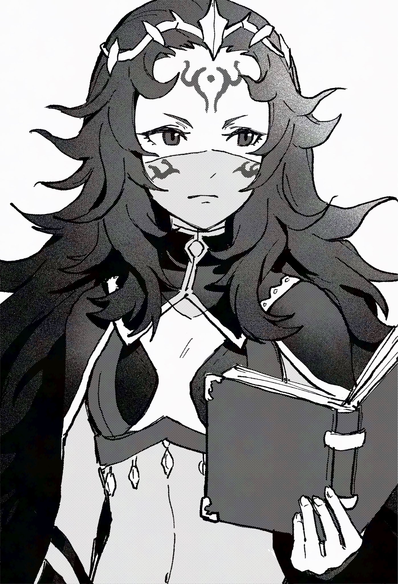 yuki12046, nyx (fire emblem), fire emblem, fire emblem fates, nintendo, commentary request, highres, 1girl, black hair, bodystocking, book, breasts, circlet, facial mark, forehead mark, greyscale, holding, holding book, long hair, looking down, messy hair, monochrome, mouth veil, small breasts, solo, veil, very long hair