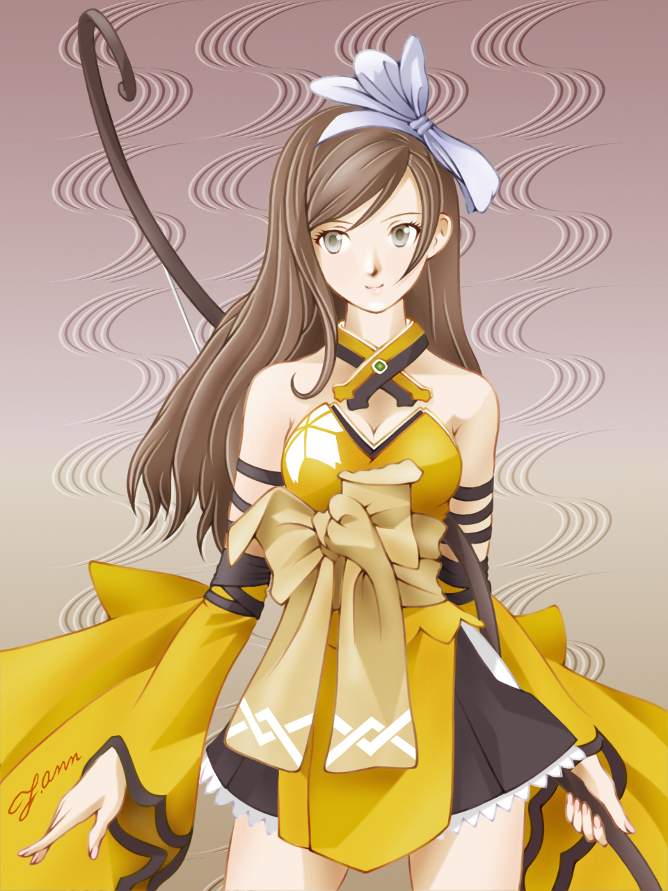 touka kureha, sega, shining (series), shining wind, highres, bow (weapon), breasts, cleavage, detached sleeves, long hair, miniskirt, ribbon, skirt, weapon