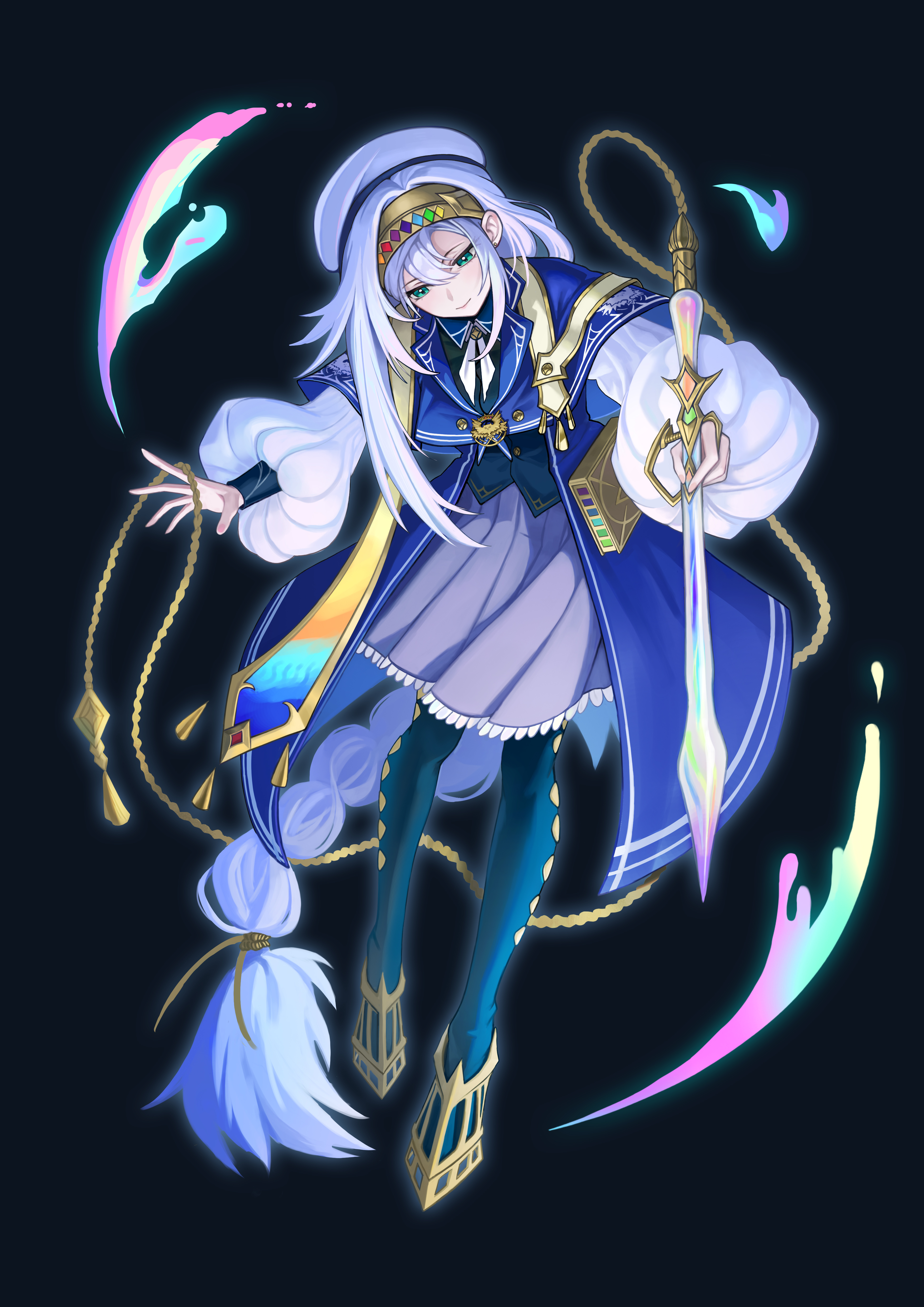 gogosuisui, artmage finmel, yu-gi-oh!, absurdres, commentary request, highres, 1girl, black background, black boots, blue dress, blue eyes, book, boots, braid, breasts, closed mouth, dress, duel monster, full body, hat, headband, holding, holding sword, holding weapon, leaning forward, long hair, long sleeves, looking down, medium breasts, puffy long sleeves, puffy sleeves, rainbow, simple background, smile, solo, sword, weapon, white hair