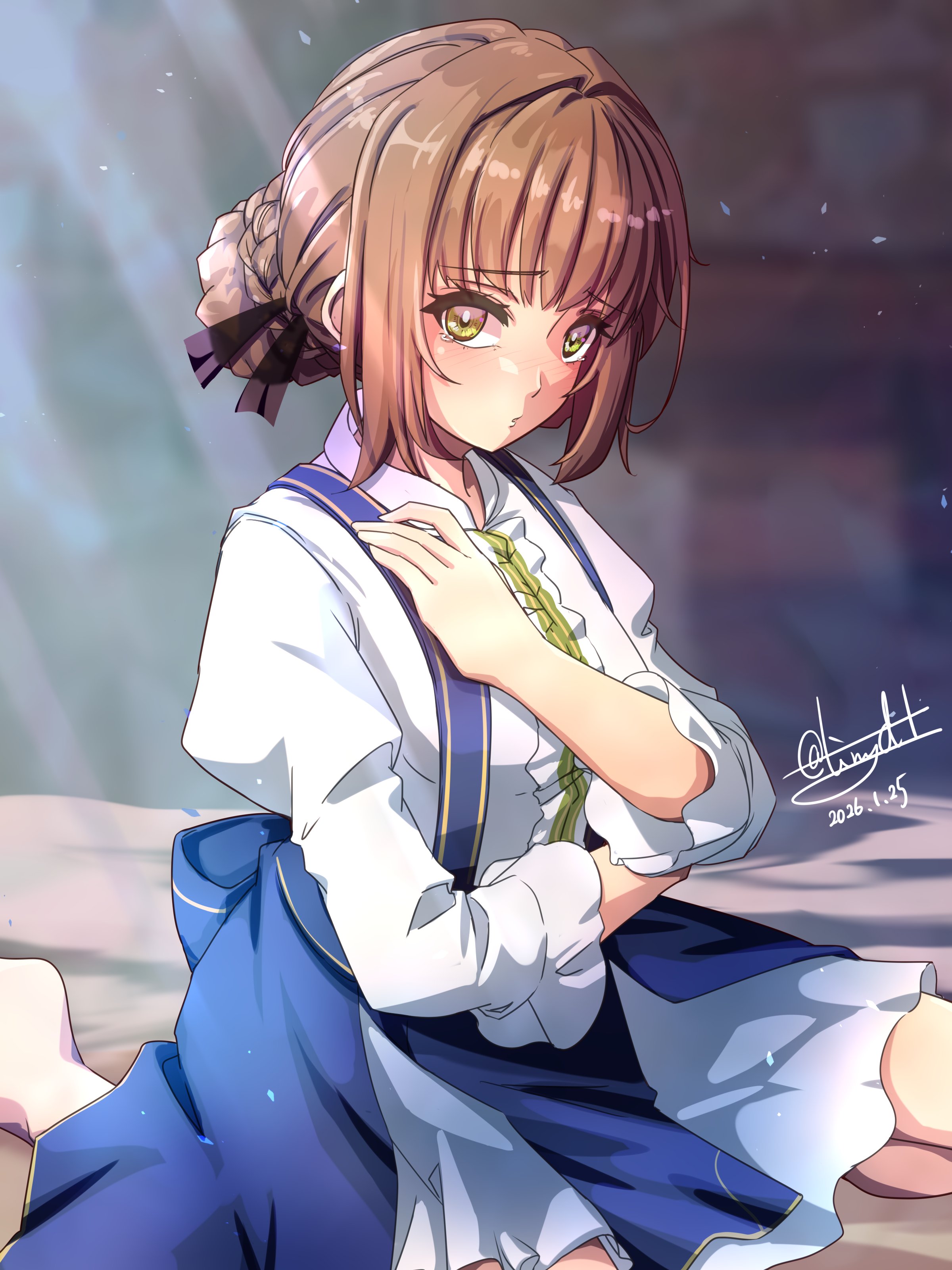 tinybiard, duvalie, eiyuu densetsu, sen no kiseki, sen no kiseki (series), sen no kiseki iv, absurdres, commentary request, highres, translation request, 1girl, antenna hair, back bow, blue bow, blurry, blurry background, blush, bow, braid, brown hair, bun with braided base, dated, dress, embarrassed, green eyes, hair between eyes, hair bun, hair intakes, hair ribbon, heart, light rays, long sleeves, looking at viewer, on bed, puffy long sleeves, puffy sleeves, ribbon, short hair, signature, single hair bun, sitting, solo, sunbeam, sunlight, twitter username