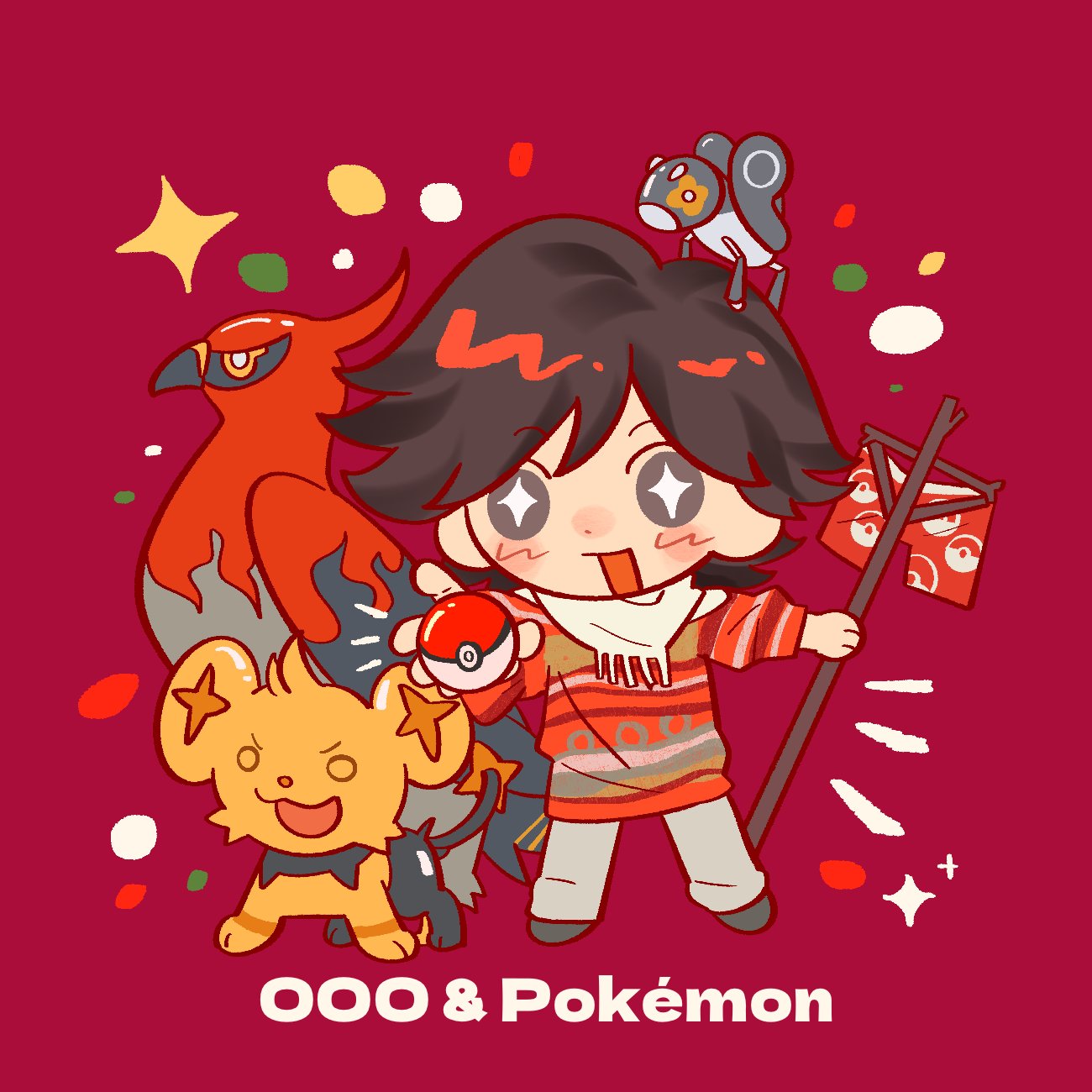 hino eiji, nymble, shinx, talonflame, kamen rider, kamen rider ooo (series), nintendo, pokemon, chinese commentary, commentary request, highres, 1boy, 2786867956wuyu, black hair, boxer briefs, crossover, gen 4 pokemon, gen 6 pokemon, grey eyes, grey pants, holding, holding poke ball, long sleeves, looking at viewer, male focus, male underwear, notice lines, on head, open mouth, outstretched arms, pants, poke ball, pokemon (creature), pokemon on head, red background, scarf, short hair, smile, sparkle, standing, star (symbol), star in eye, symbol in eye, underwear