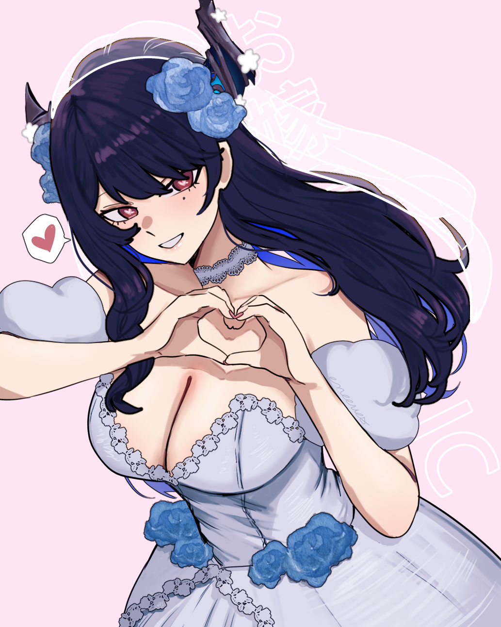 eneeues, nerissa ravencroft, hololive, hololive english, commentary, highres, 1girl, asymmetrical horns, black hair, blue flower, blue hair, blue rose, breasts, bridal veil, choker, cleavage, colored inner hair, detached sleeves, dress, flower, grin, hair flower, hair ornament, heart, heart-shaped pupils, heart hands, horn flower, horns, lace, lace-trimmed choker, lace-trimmed dress, lace trim, large breasts, looking at viewer, mole, mole under eye, multicolored hair, oyomeholic (nerissa ravencroft), pink background, puffy detached sleeves, puffy short sleeves, puffy sleeves, purple eyes, rose, short sleeves, simple background, sleeveless, sleeveless dress, smile, solo, spoken heart, strapless, strapless dress, symbol-shaped pupils, uneven horns, upper body, veil, virtual youtuber, white choker, white dress