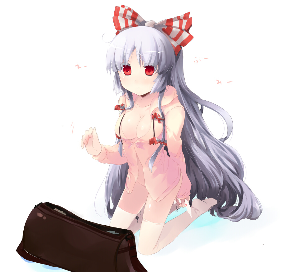 shin (new), fujiwara no mokou, touhou, silver hair, 1girl, bottomless, bow, breasts, cleavage, female focus, full body, hair bow, hair ribbon, long hair, no bra, no panties, red eyes, ribbon, solo, thighhighs, white background, white thighhighs