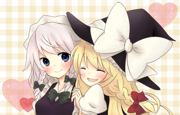 nyako, izayoi sakuya, kirisame marisa, touhou, silver hair, bad id, bad pixiv id, 2girls, blonde hair, blue eyes, blush, braid, female focus, hat, heart, long hair, maid, multiple girls, short hair, smile, twin braids, witch, witch hat