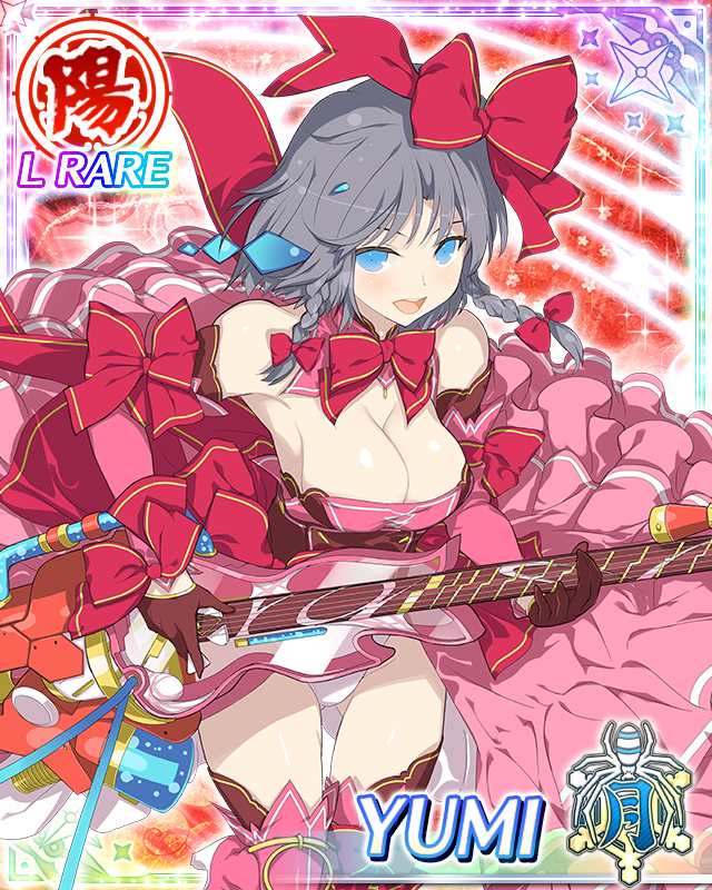 yaegashi nan, yumi (senran kagura), senran kagura, senran kagura new wave, game cg, official art, third-party source, 1girl, alternate hairstyle, blue eyes, border, bow, braid, braided sidelocks, breasts, card (medium), character name, cleavage, detached collar, detached sleeves, dress, electric guitar, gloves, gluteal fold, grey hair, guitar, hair bow, half gloves, instrument, large breasts, leaning, looking at viewer, medium hair, music, open mouth, pink dress, pink thighhighs, playing instrument, red background, red bow, red gloves, side braids, smile, solo, thighhighs