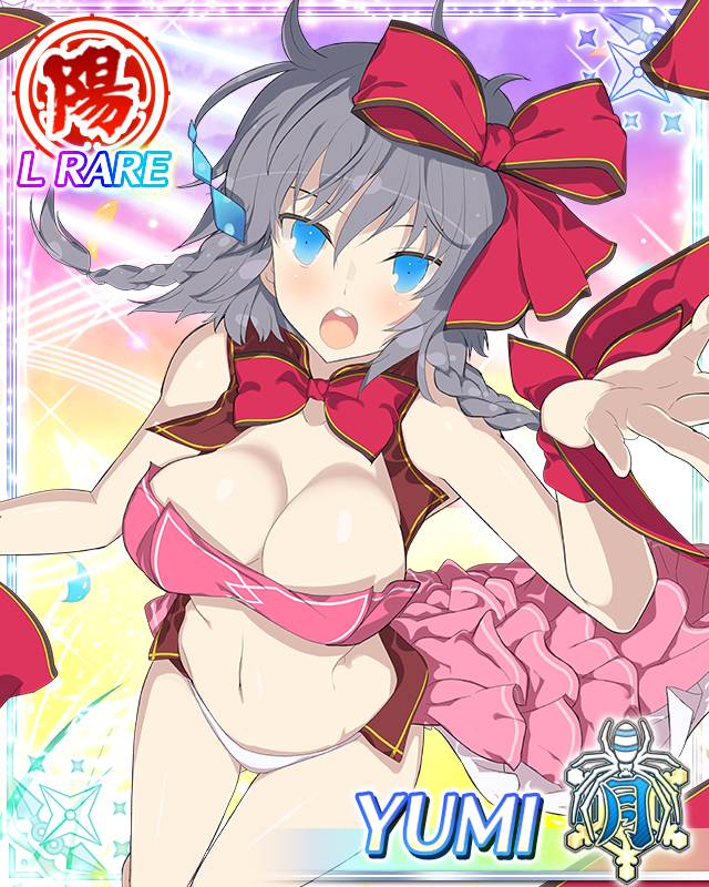 yaegashi nan, yumi (senran kagura), senran kagura, senran kagura new wave, game cg, official art, third-party source, 1girl, :o, alternate hairstyle, arm up, bikini, blue eyes, blush, border, bow, braid, braided sidelocks, breasts, card (medium), character name, cleavage, detached collar, dress, gluteal fold, grey hair, hair bow, large breasts, looking at viewer, medium hair, music, navel, pink bikini, pink dress, red bow, side braids, singing, solo, swimsuit, teeth, unworn dress, upper teeth only