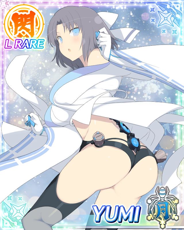 yaegashi nan, yumi (senran kagura), senran kagura, senran kagura new wave, game cg, official art, third-party source, 1girl, :o, arms up, ass, bikini, black bikini, black thighhighs, blue eyes, blue trim, border, bow, breasts, card (medium), character name, from behind, gloves, grey hair, hair bow, japanese clothes, kimono, large breasts, looking at viewer, looking back, medium hair, solo, striped bow, swimsuit, thighhighs, white bow, white gloves, white kimono