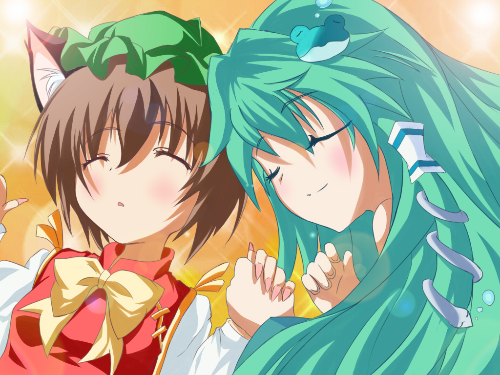 shaeran, xionelwing, chen, kochiya sanae, touhou, 2girls, animal ears, brown hair, cat ears, cat girl, detached sleeves, earrings, female focus, frog, green hair, hair ornament, hat, jewelry, long hair, multiple girls, short hair, sleeping
