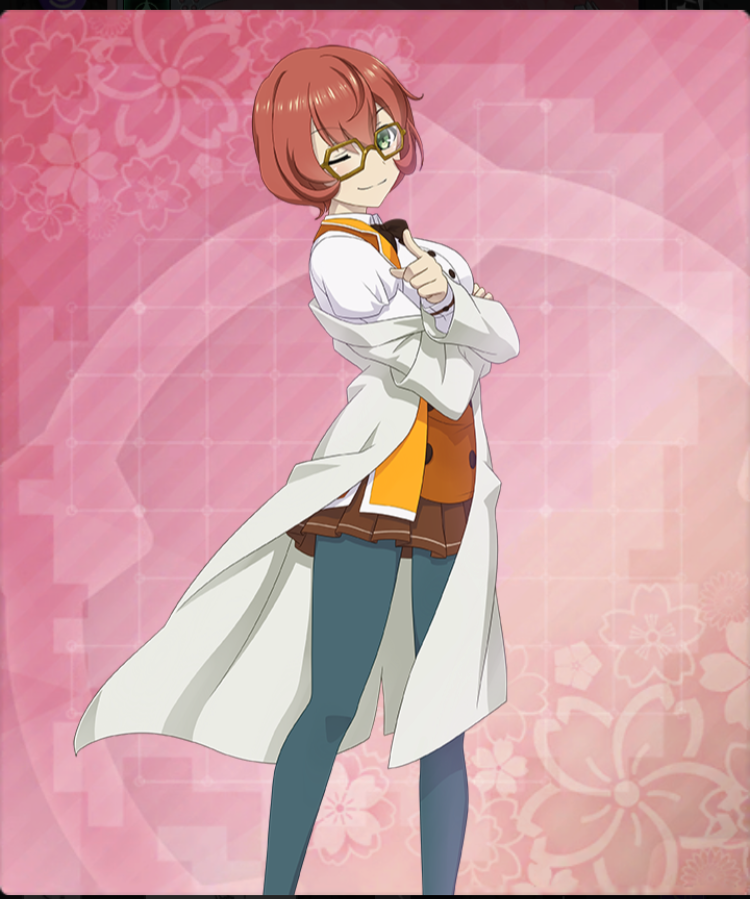 toji no miko, toji no miko: kizamishi issen no tomoshibi, game cg, official art, third-party source, 1girl, blue pantyhose, bob cut, breasts, brown-framed eyewear, brown skirt, brown vest, buttons, closed mouth, coat, dirty, dirty clothes, double-breasted, double-parted bangs, feet out of frame, floral background, glasses, green eyes, hexagonal eyewear, lab coat, looking at viewer, medium breasts, one eye closed, open clothes, open coat, osafune girls academy school uniform, pantyhose, pink background, pointing, pointing at viewer, red hair, school uniform, shirt, short hair, skirt, smile, solo, underbust, vest, watanabe emily, white coat, white shirt