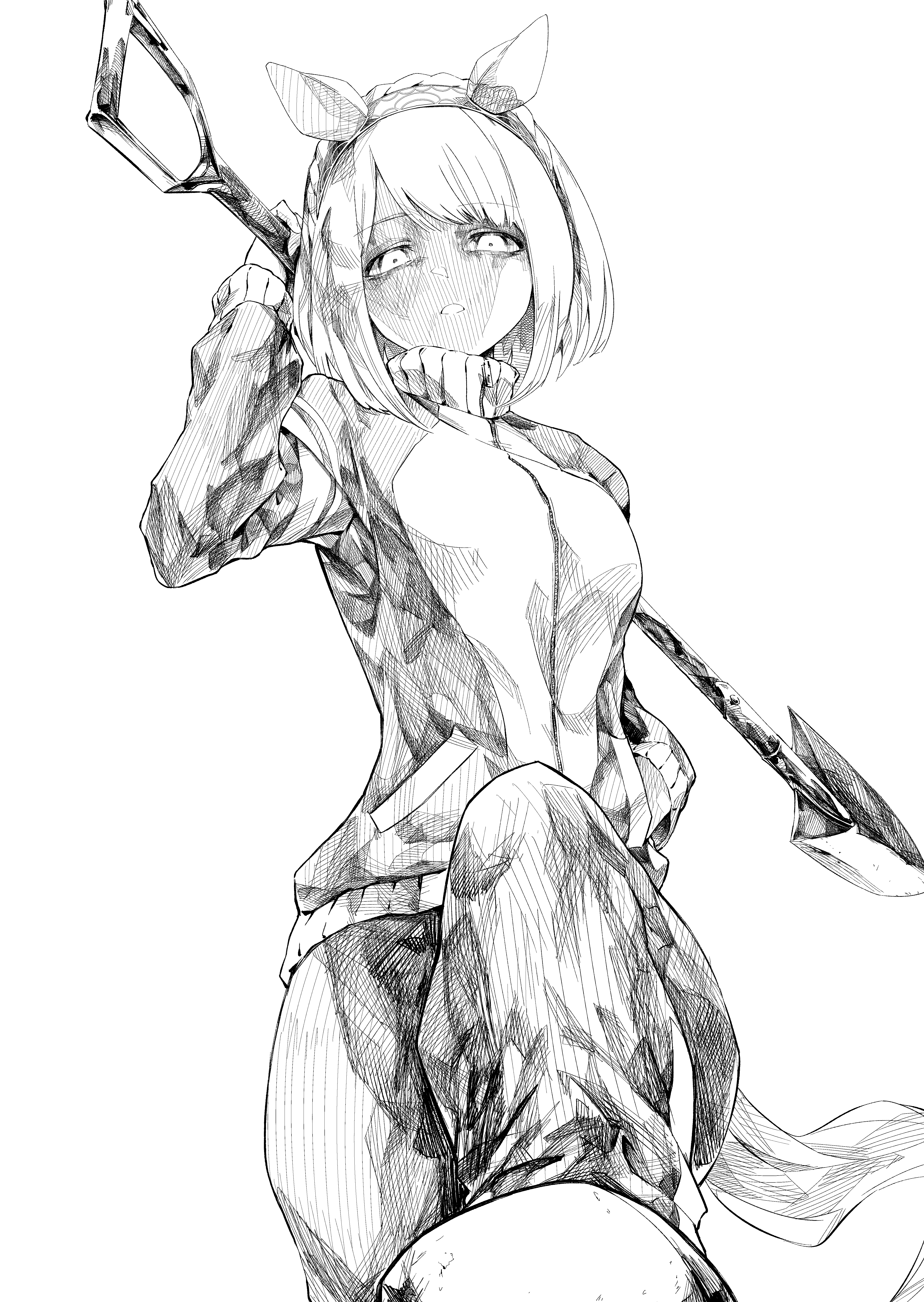 hasukurira, yukino bijin (umamusume), umamusume, absurdres, commentary request, commission, highres, pixiv commission, 1girl, animal ears, arm up, breasts, breath, carrying over shoulder, ear covers, from below, greyscale, hairband, hand in pocket, holding, holding shovel, horse ears, horse girl, horse tail, jacket, long sleeves, looking at viewer, looking down, monochrome, open mouth, pants, pov stomped, short hair, shovel, small breasts, solo, standing, standing on one leg, stepping on frame, tail, tracen training uniform, track jacket, track suit