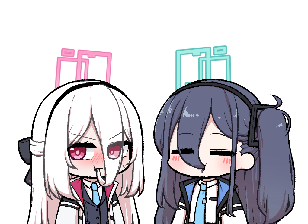 insihangsi, aris (blue archive), kei (blue archive), blue archive, commentary request, korean commentary, 2girls, aqua halo, black bow, black hair, black hairband, black jacket, blazer, blue jacket, blue necktie, blush, bow, bright pupils, buttons, chibi, chibi only, closed eyes, collared shirt, eating hair, eyes visible through hair, hair between eyes, hair bow, hair in own mouth, hairband, half updo, halo, jacket, long bangs, long hair, long hair between eyes, long sleeves, looking to the side, multicolored jacket, multiple girls, necktie, nose blush, one side up, open clothes, open jacket, pink eyes, pink halo, pink jacket, rectangular halo, shirt, sidelocks, simple background, sweatdrop, tie clip, upper body, v-shaped eyebrows, white background, white hair, white jacket, white shirt