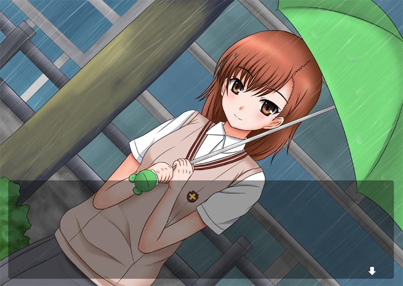 natsuzakura yuuki, misaka mikoto, toaru kagaku no railgun, toaru majutsu no index, brown eyes, brown hair, dutch angle, fake screenshot, frog, rain, school uniform, short hair, solo, sweater vest, umbrella