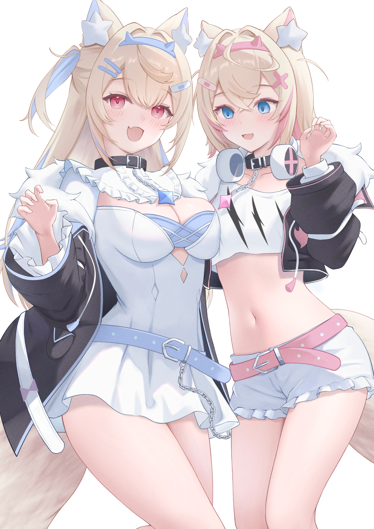 seriponpoyon, fuwawa abyssgard, fuwawa abyssgard (1st costume), mococo abyssgard, mococo abyssgard (1st costume), hololive, hololive english, commentary request, highres, partial commentary, 2girls, :d, animal collar, animal ears, bandaid, bandaid hair ornament, belt, bib collar, black collar, black jacket, blonde hair, blue belt, blue eyes, blue hairband, blue streaks, breast envy, breasts, cleavage cutout, clothing cutout, collar, cropped jacket, cropped shirt, crossed bangs, cutout above navel, dog ears, dog girl, dog tail, double-parted bangs, dress, fake horns, fang, flat chest, frilled shirt collar, frilled shorts, frills, fur-trimmed jacket, fur trim, hair between eyes, hair intakes, hair ornament, hairband, hairclip, hand up, headphones, headphones around neck, horn hairband, horns, jacket, large breasts, long hair, long sleeves, looking at breasts, looking at viewer, multicolored hair, multiple girls, off shoulder, open mouth, parallel hairclips, pink belt, pink eyes, pink hairband, pink streaks, shirt, short dress, short hair, short shorts, shorts, siblings, simple background, sisters, skin fang, smile, spiked collar, spikes, streaked hair, tail, twins, two side up, virtual youtuber, white background, white dress, white shirt, white shorts, x hair ornament
