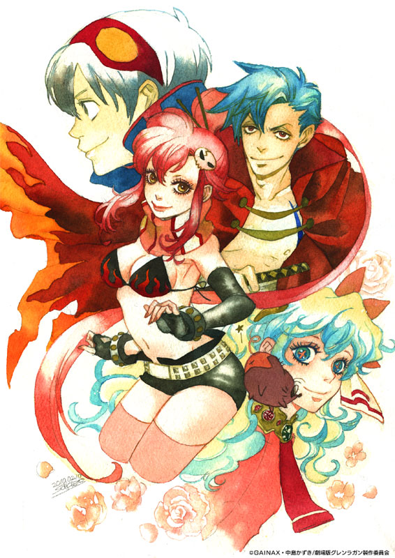 sakizou, boota (ttgl), kamina (ttgl), nia teppelin, simon (ttgl), yoko littner, tengen toppa gurren lagann, official art, traditional media, 00s, 2boys, 2girls, gainaxtop, long hair, multiple boys, multiple girls, thighhighs, very long hair