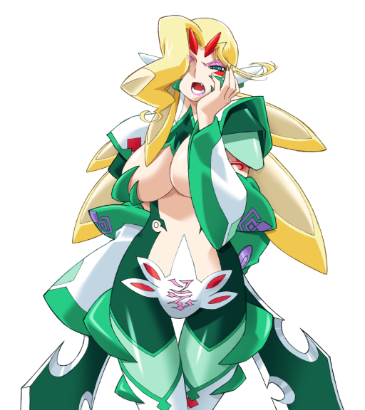 gan-chan (artist), sophie andrea yukitou, hitozuma sentai aisaiger, game cg, large variant set, non-web source, official art, variant set, 1girl, blonde hair, bodysuit, breasts, cleavage, corruption, dark persona, eyeshadow, facial mark, fang, green eyes, hair over one eye, hand on own face, large breasts, lipstick, long hair, makeup, open mouth, solo, tattoo, thigh gap, transparent background