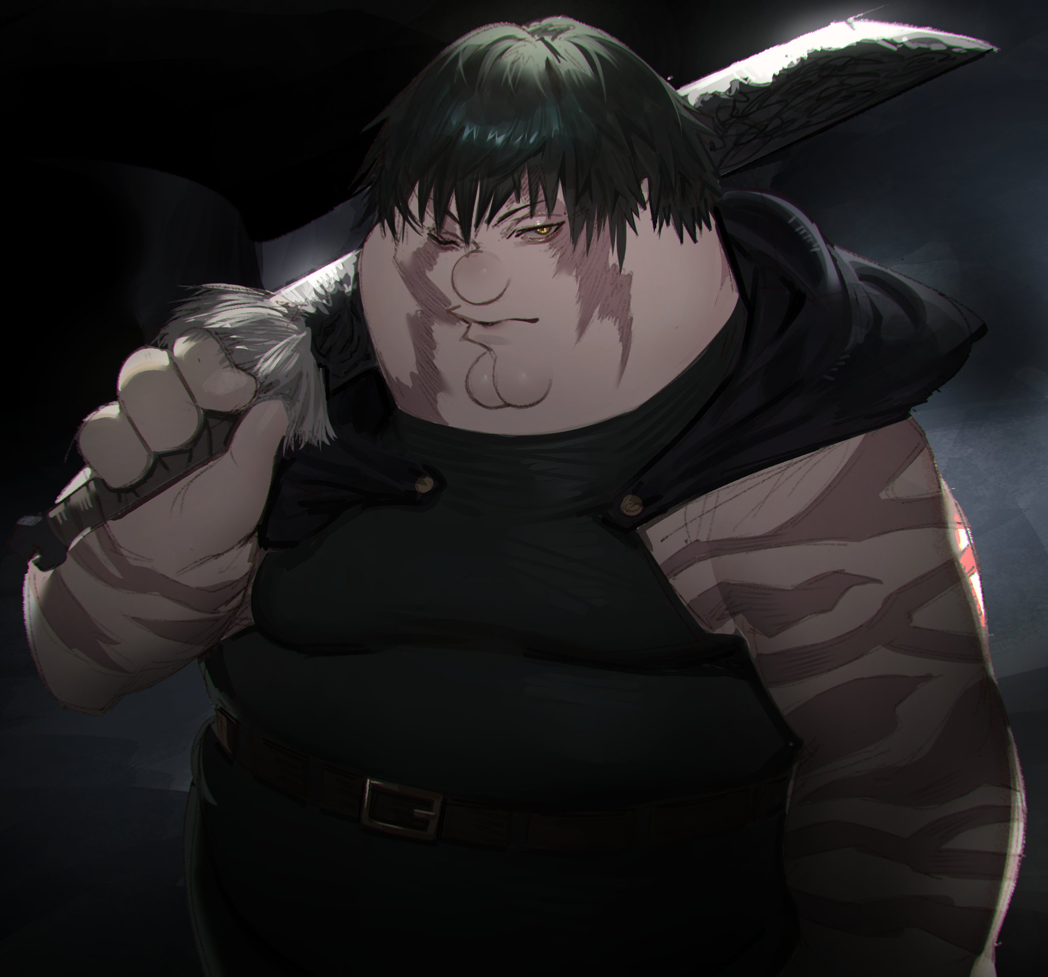kowai (iamkowai), peter griffin, zen'in maki, family guy, jujutsu kaisen, commentary, highres, 1boy, belt, black shirt, burn scar, cleft chin, cosplay, cowboy shot, fat, fat man, holding, holding sword, holding weapon, looking at viewer, male focus, one eye closed, over shoulder, scar, scar on face, shirt, short hair, solo, standing, sword, sword over shoulder, weapon, weapon over shoulder, yellow eyes, zen'in maki (cosplay)