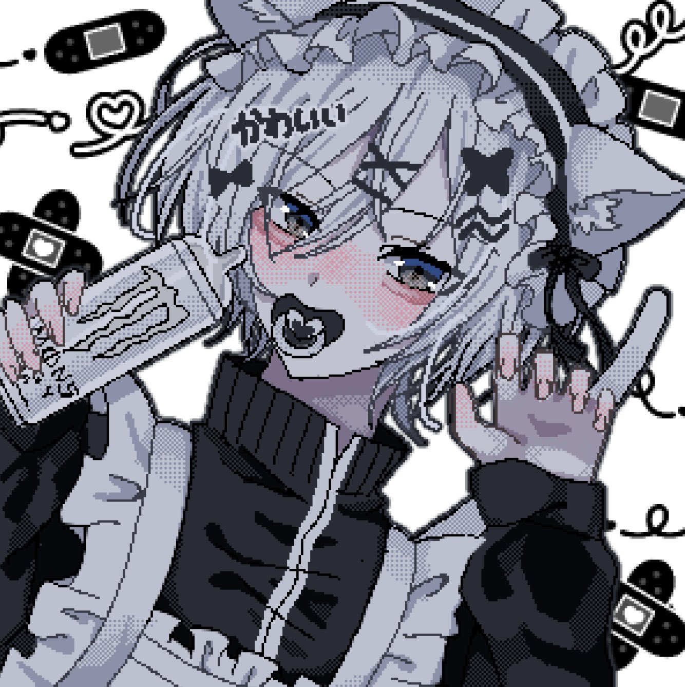 reno (re leno), monster energy, original, highres, 1girl, aegyo sal, animal ear hairband, animal ears, bandaid, blue eyes, blush, can, cat ear hairband, cat ears, claw pose, drink can, fake animal ears, hair between eyes, hair ornament, hairband, hairclip, holding, holding can, looking at viewer, maid, pacifier, short hair, solo, turtleneck, white hair, x hair ornament