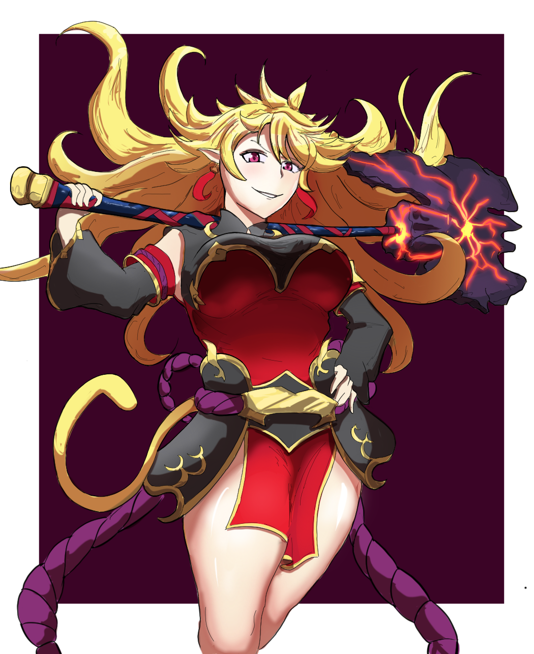 chaos sun wukong (grimms notes), grimms notes, axe, blonde hair, breasts, chinese clothes, evveses, grin, holding, holding axe, large breasts, looking at viewer, pink eyes, pointy ears, red eyes, smile, standing, tail, teeth