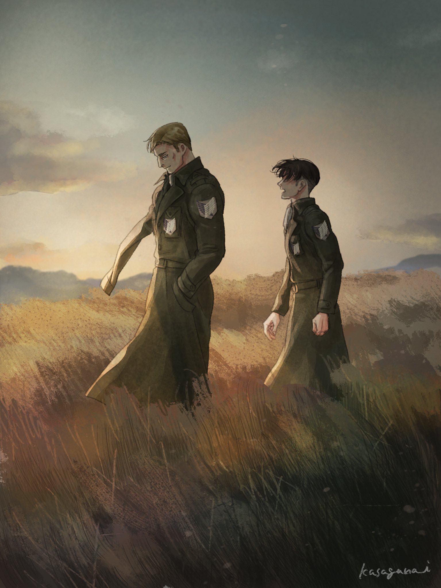kasagana i, erwin smith, levi (shingeki no kyojin), shingeki no kyojin, commentary request, highres, 2boys, artist name, black hair, blonde hair, cheekbones, cloud, cloudy sky, field, green jacket, hand in pocket, jacket, light smile, looking at another, looking down, male focus, military jacket, multiple boys, open mouth, outdoors, parted bangs, shirt, short hair, sky, survey corps (emblem), white shirt