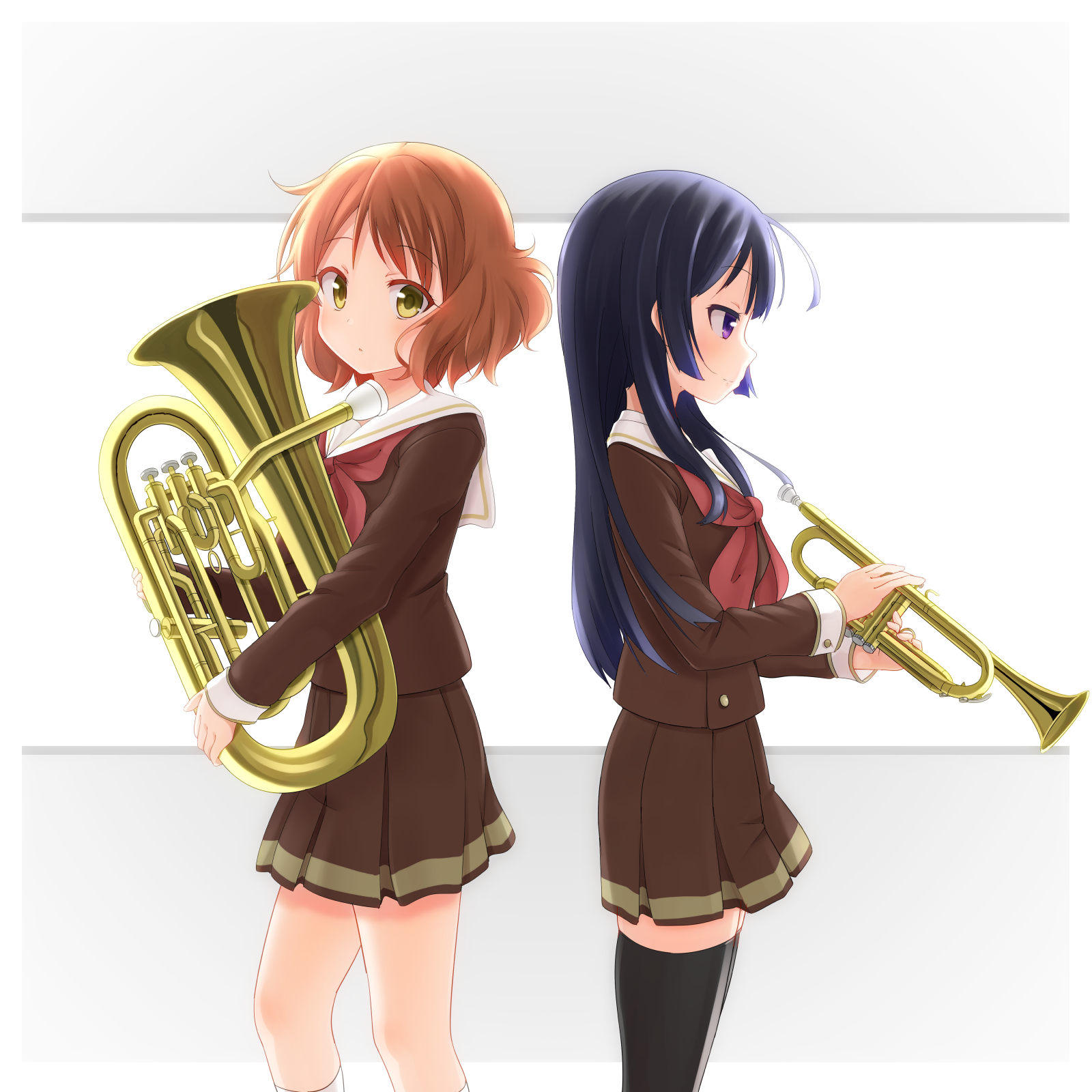 faubynet, kousaka reina, oumae kumiko, hibike! euphonium, commentary request, highres, revision, 2girls, black hair, black thighhighs, blunt bangs, blush, brown hair, euphonium, holding, holding instrument, instrument, kitauji high school uniform, long hair, multiple girls, neckerchief, purple eyes, red neckerchief, school uniform, serafuku, short hair, skirt, socks, thighhighs, trumpet, wavy hair, winter uniform, yellow eyes