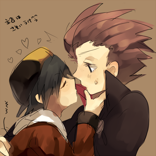 ethan (pokemon), lance (pokemon), nintendo, pokemon, lowres, black hair, hat, kiss, male focus, red hair, shota, yaoi
