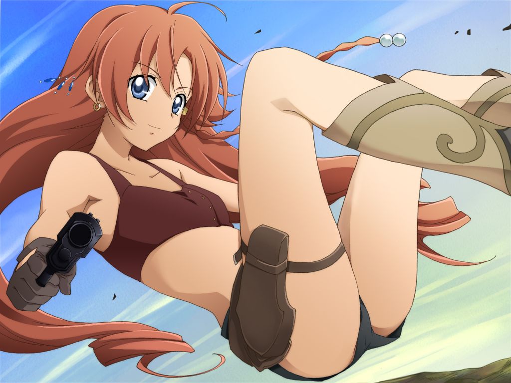 saipaco, nadie, el cazador de la bruja, 00s, 1girl, asymmetrical hair, blue eyes, boots, female focus, gloves, gun, hair ornament, handgun, holster, long hair, midriff, pistol, red hair, shorts, solo, tank top, thigh holster, thigh strap, very long hair, weapon