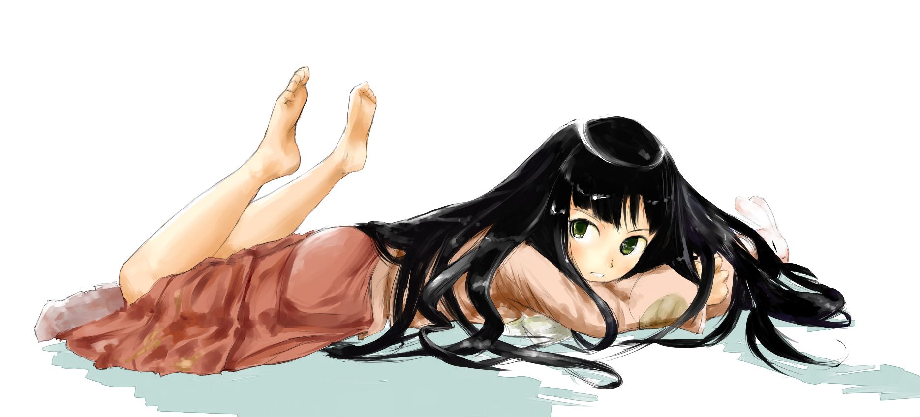 ryoukimuku, houraisan kaguya, touhou, bad id, bad pixiv id, highres, 1girl, barefoot, female focus, full body, lying, sketch, solo, white background