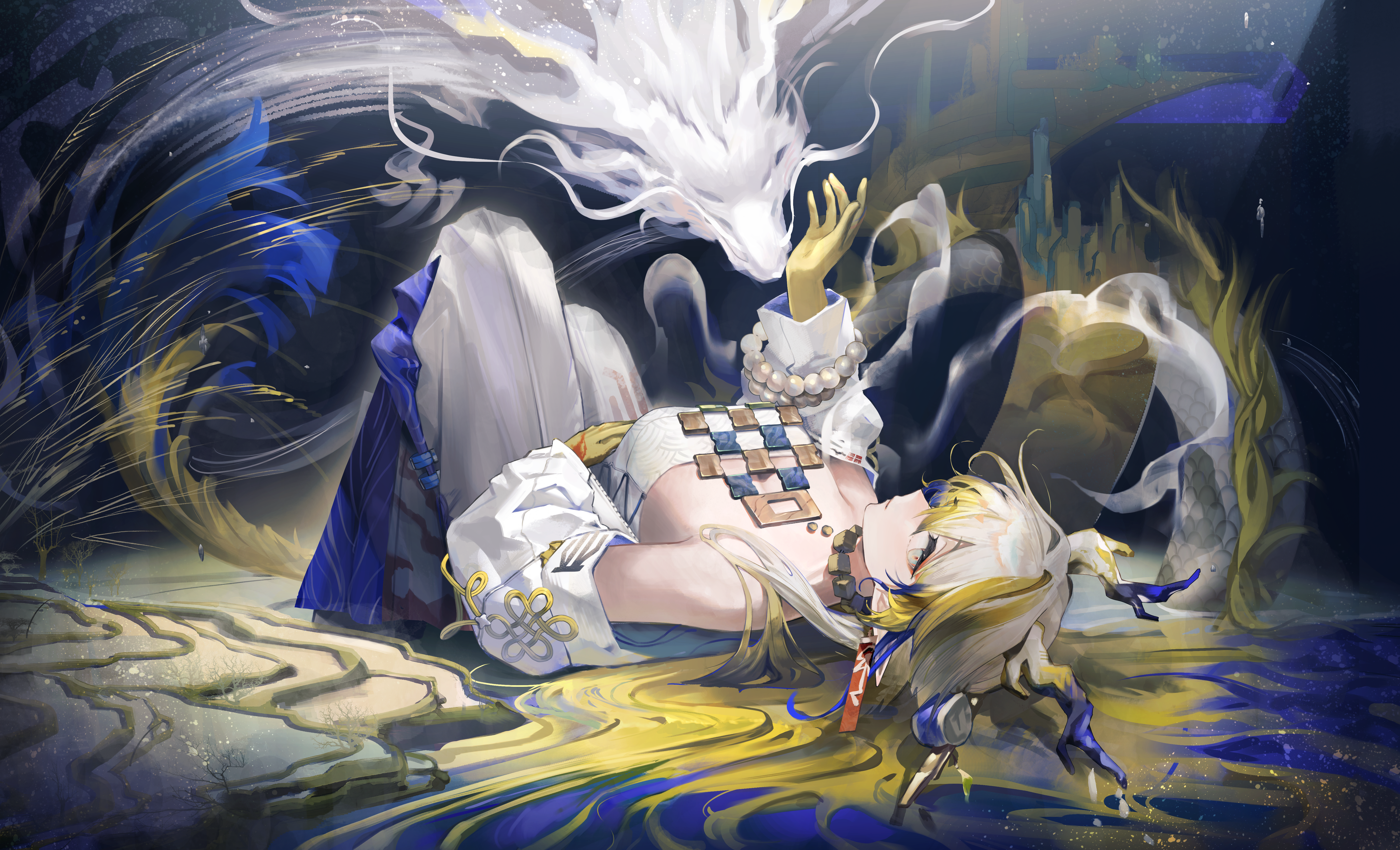 iop5509, shu (arknights), arknights, absurdres, commentary, highres, 1girl, bead bracelet, beads, blending, blonde hair, blue hair, bracelet, breasts, colored extremities, dragon, dragon girl, dragon horns, dragon tail, earrings, eastern dragon, gradient hair, grey eyes, horns, jacket, jewelry, knees up, long hair, lying, medium breasts, multicolored hair, necklace, off shoulder, on back, pants, parted lips, shirt, sleeveless, sleeveless shirt, solo, tail, tassel, tassel earrings, white hair, white jacket, white pants, white shirt, yellow hands