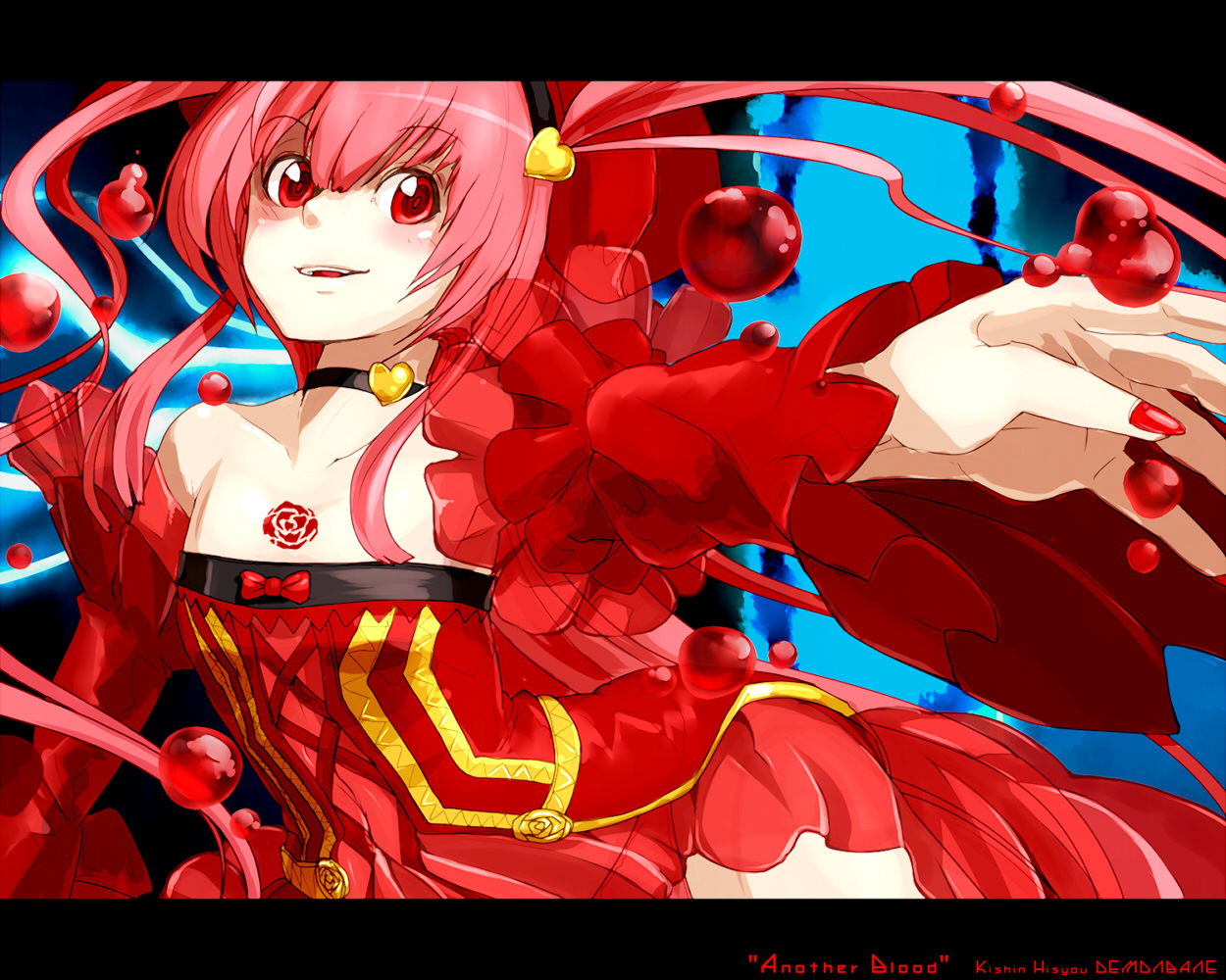 oso (toolate), another blood, demonbane, m.u.g.e.n, nitroplus, 00s, 1girl, bare shoulders, blood, choker, detached sleeves, dress, female focus, flat chest, letterboxed, pink hair, red eyes, see-through clothes, solo, tattoo
