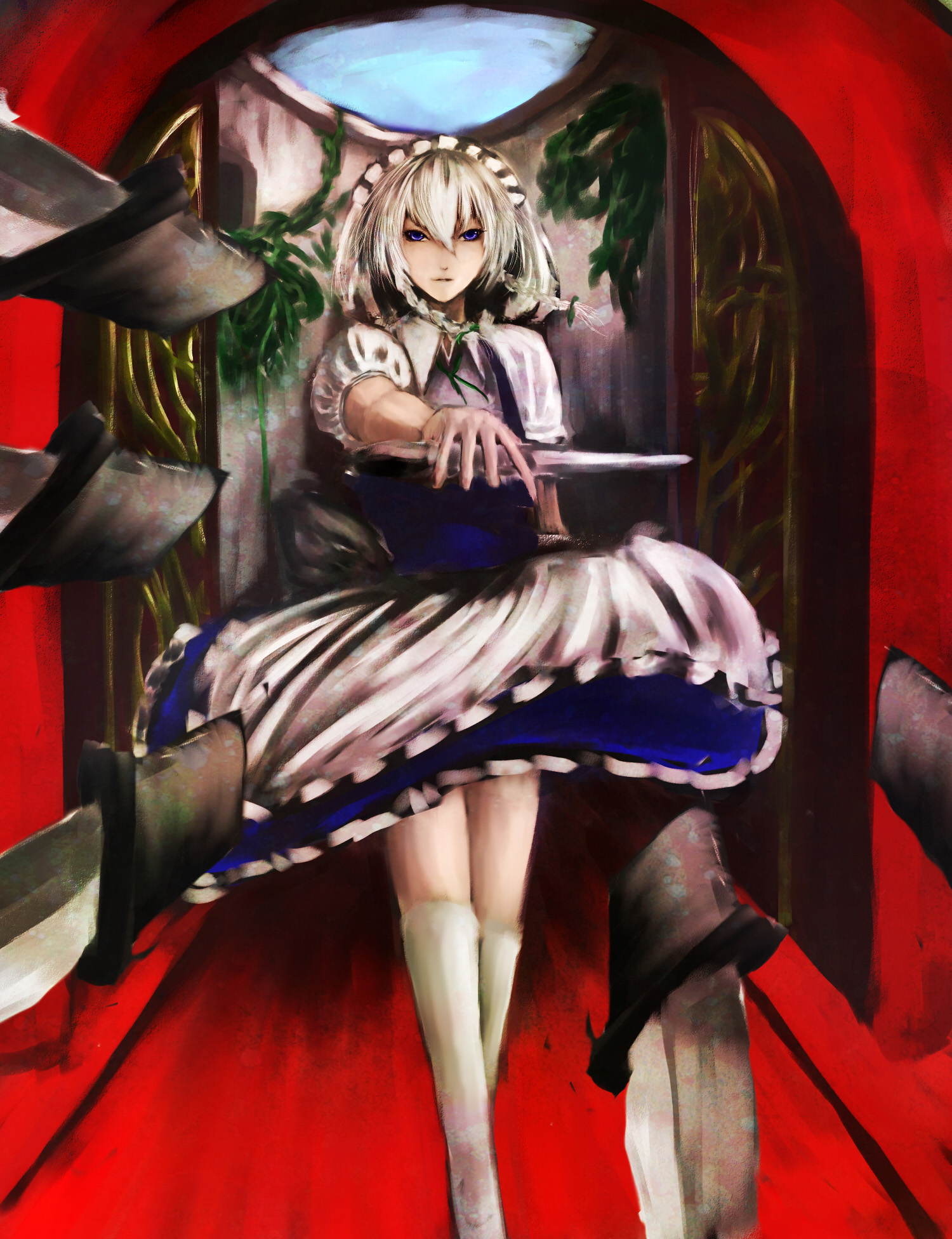 kami amane kurohime, shinshuu kokki, izayoi sakuya, touhou, silver hair, highres, 1girl, braid, female focus, knife, short hair, solo, throwing knife, twin braids, weapon