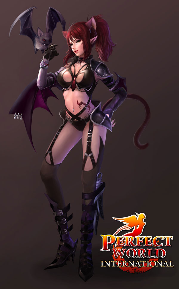 venomancer (character), perfect world, animal ears, bat (animal), cat ears, cat tail, garter belt, garter straps, perfect world international, pointy ears, ponytail, red hair, solo, tail